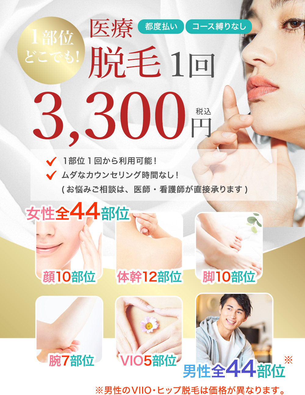 医療レーザー脱毛 1部位1回3,300円(男性VIIOヒップは価格が異なります)